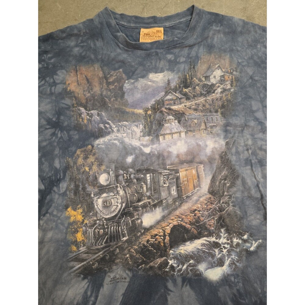 The Mountain Train Depot Ted Blaylock T-Shirt Men's Sz XXXL Blue Acid Wash